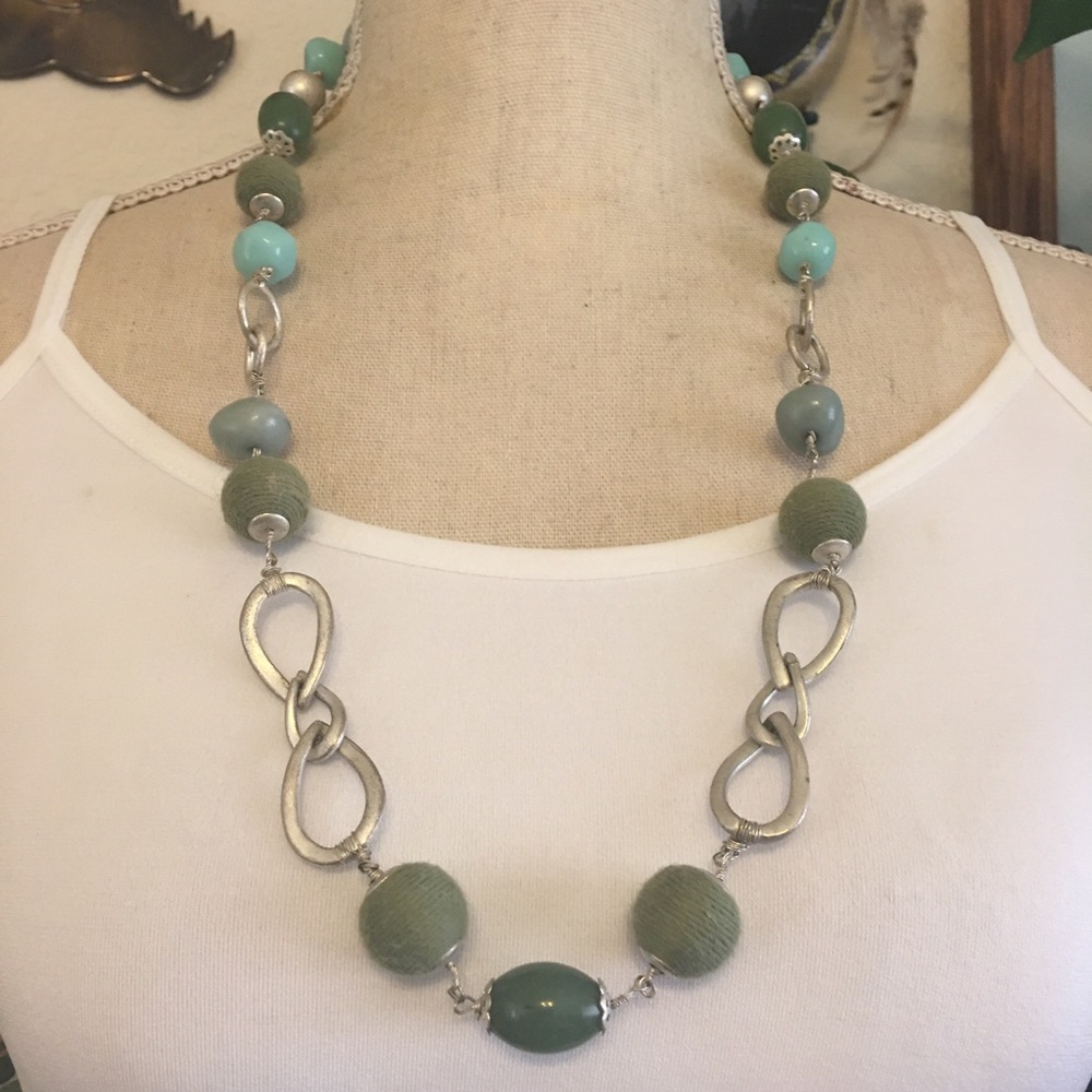 Vintage matte silver multi material bead necklace